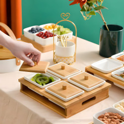 Wooden & Porcelain Serving Platter - 4 Pieces